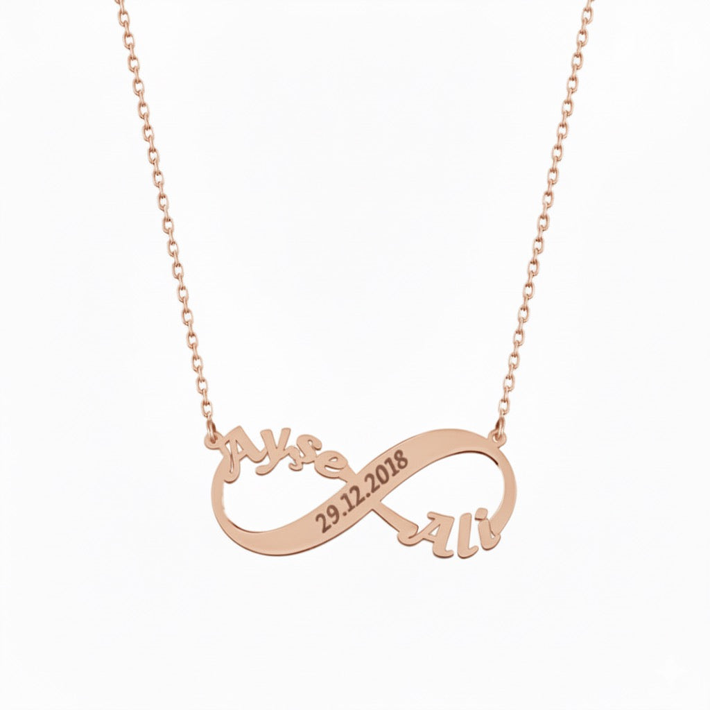 İki İsimli ve Tarihli Sonsuzluk Kolye | Kişiye Özel 925 Ayar Gümüş | Altın Kaplama - Pırlanta Takı