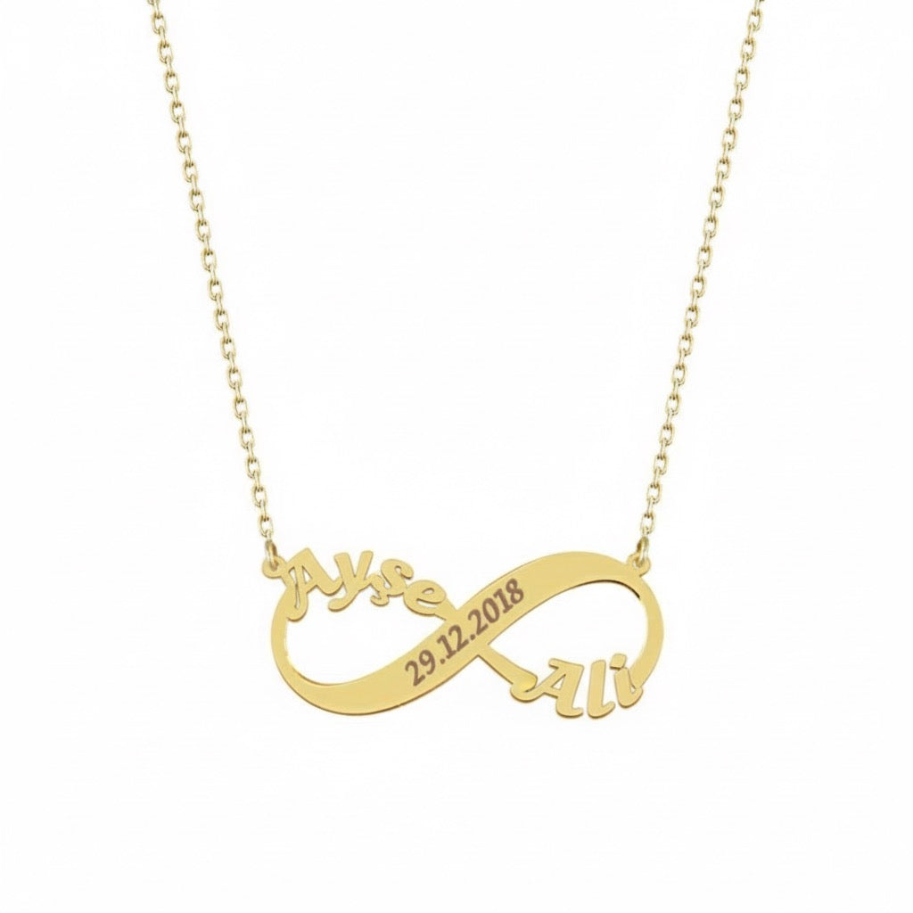 İki İsimli ve Tarihli Sonsuzluk Kolye | Kişiye Özel 925 Ayar Gümüş | Altın Kaplama - Pırlanta Takı
