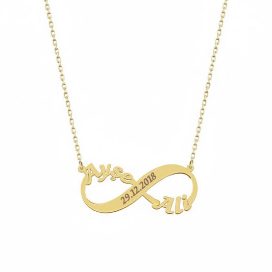 İki İsimli ve Tarihli Sonsuzluk Kolye | Kişiye Özel 925 Ayar Gümüş | Altın Kaplama - Pırlanta Takı