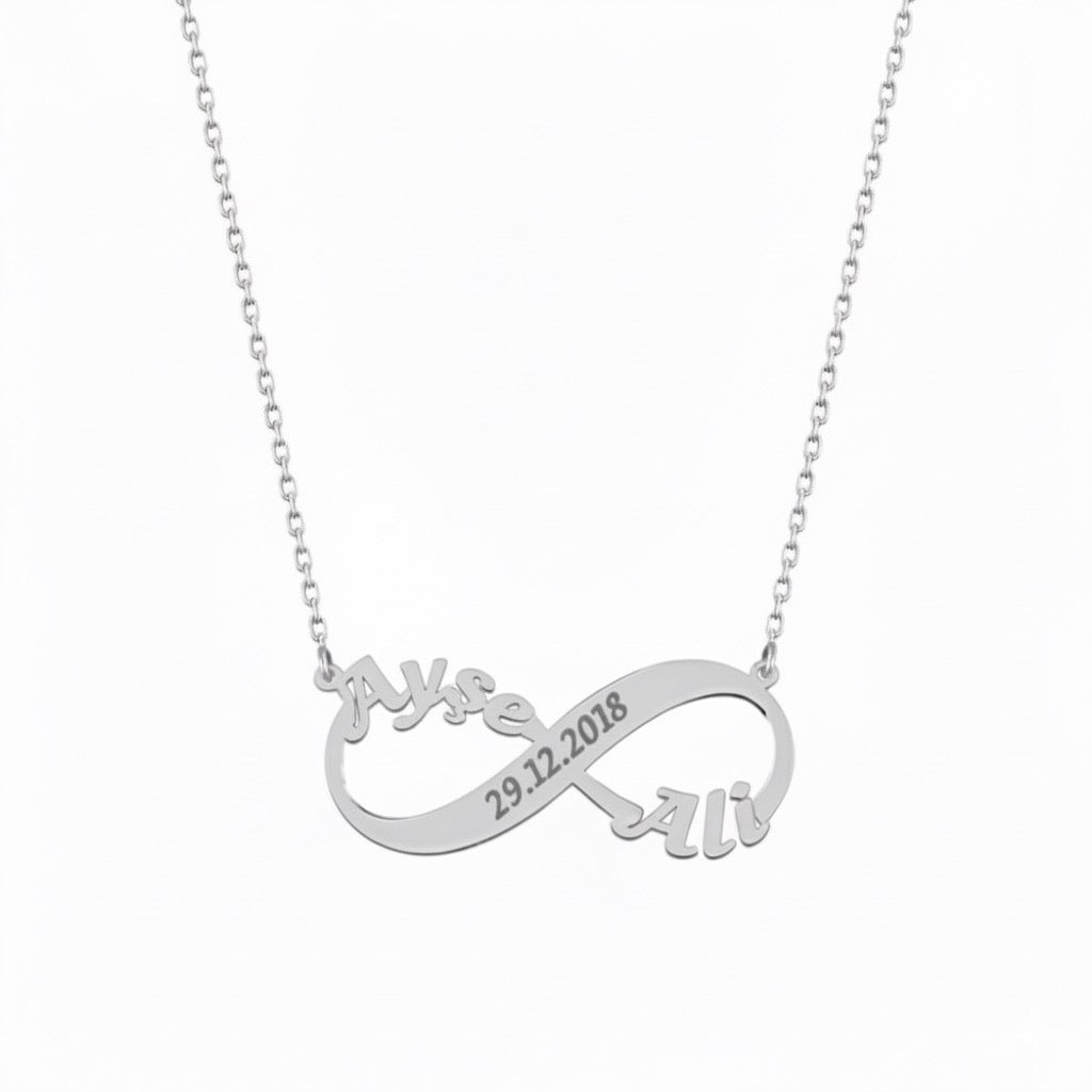 İki İsimli ve Tarihli Sonsuzluk Kolye | Kişiye Özel 925 Ayar Gümüş | Altın Kaplama - Pırlanta Takı