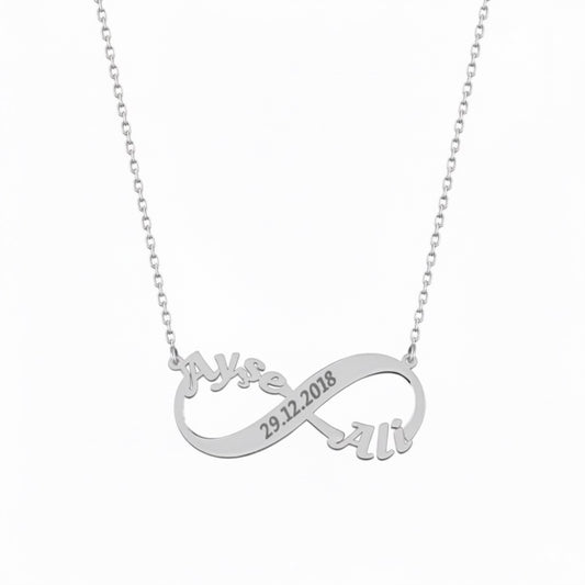 İki İsimli ve Tarihli Sonsuzluk Kolye | Kişiye Özel 925 Ayar Gümüş | Altın Kaplama - Pırlanta Takı